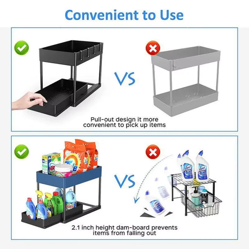 Under Sink Organizer Rack 2 Tier Under Sliding Cabinet Basket Organizer Drawer with 4 Hooks, Multi-purpose Under Sink Storage