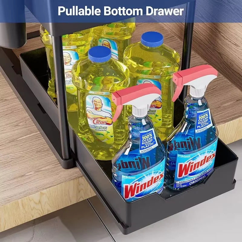 Under Sink Organizer Rack 2 Tier Under Sliding Cabinet Basket Organizer Drawer with 4 Hooks, Multi-purpose Under Sink Storage