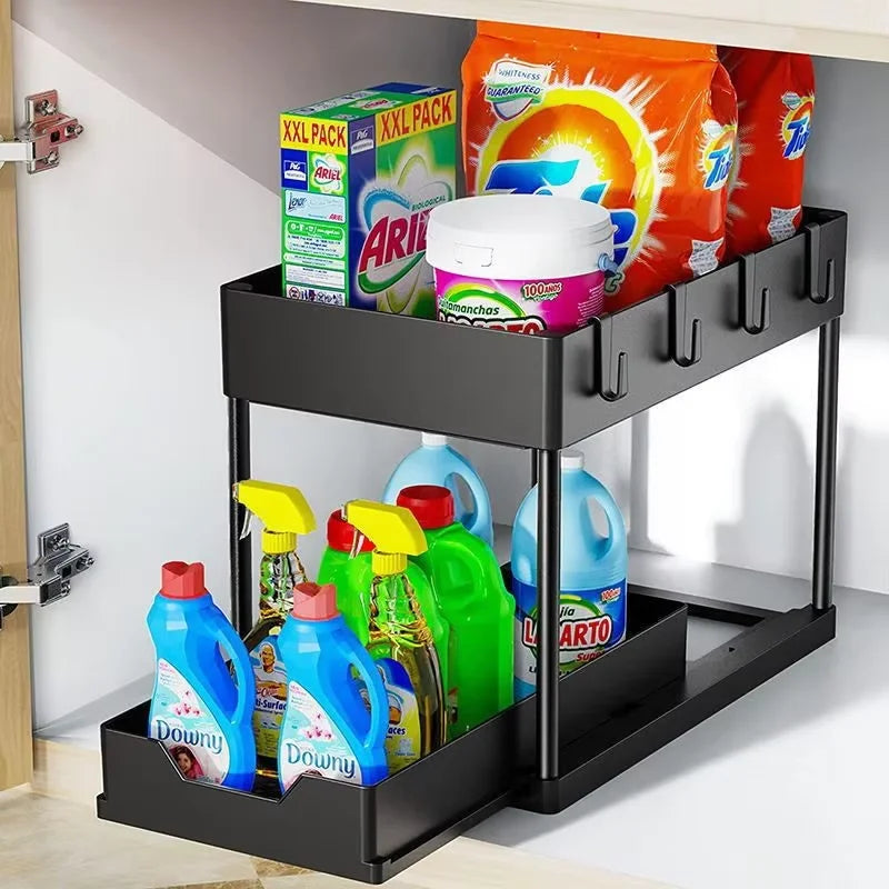 Under Sink Organizer Rack 2 Tier Under Sliding Cabinet Basket Organizer Drawer with 4 Hooks, Multi-purpose Under Sink Storage