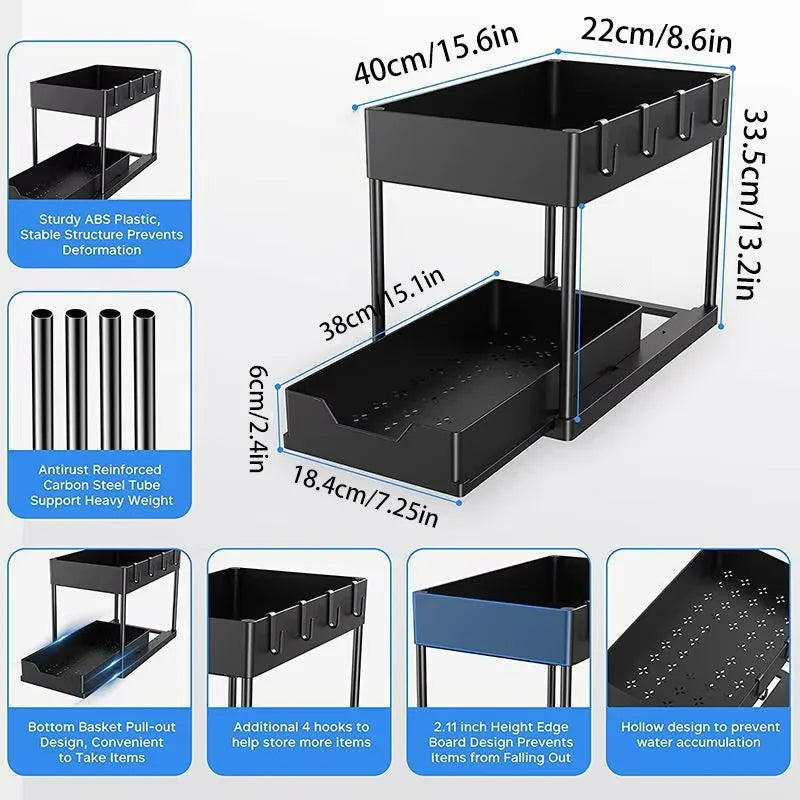 Under Sink Organizer Rack 2 Tier Under Sliding Cabinet Basket Organizer Drawer with 4 Hooks, Multi-purpose Under Sink Storage
