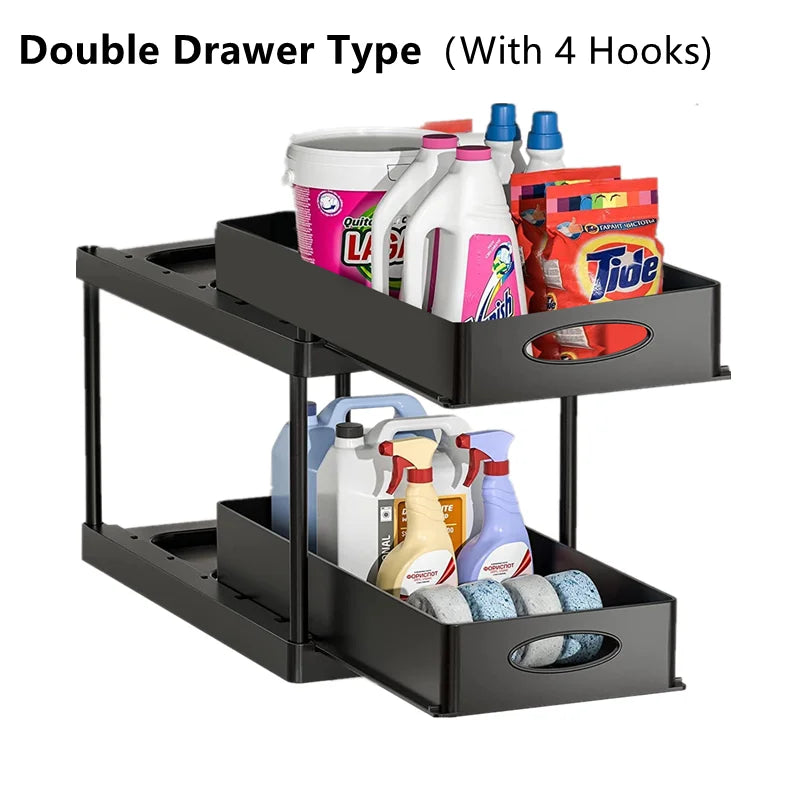 Under Sink Organizer Rack 2 Tier Under Sliding Cabinet Basket Organizer Drawer with 4 Hooks, Multi-purpose Under Sink Storage