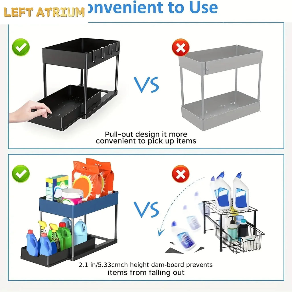 Under Sink Organizer, Sliding Cabinet Basket Organizer 2 Tier Under Bathroom Storage Rack with Hooks, Hanging Cup, Dividers, Mul