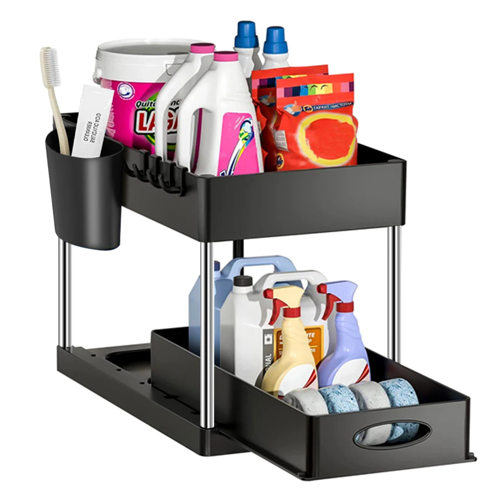 Under Sink Organizer Rack 2 Tier Under Sliding Cabinet Basket Organizer Drawer with 4 Hooks, Multi-purpose Under Sink Storage