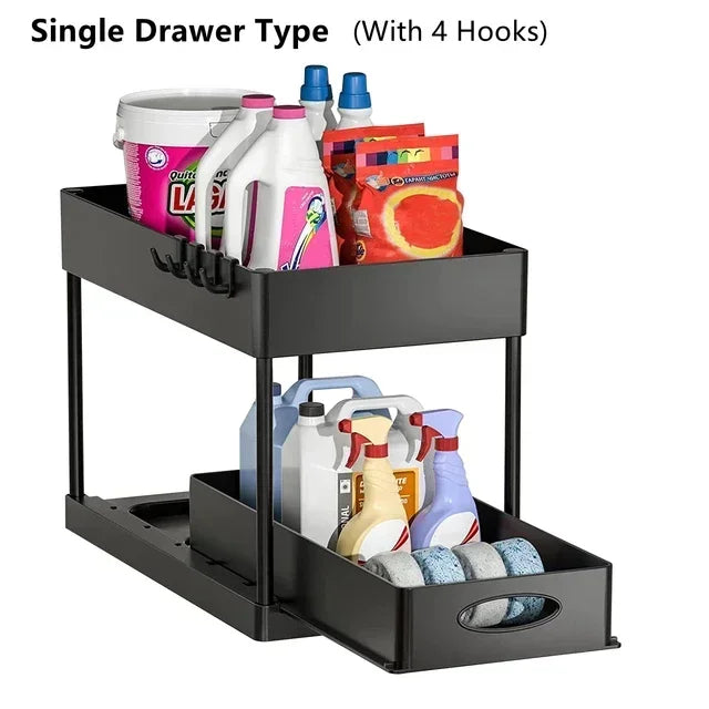 Under Sink Organizer, Sliding Cabinet Basket Organizer 2 Tier Under Bathroom Storage Rack with Hooks, Hanging Cup, Dividers, Mul