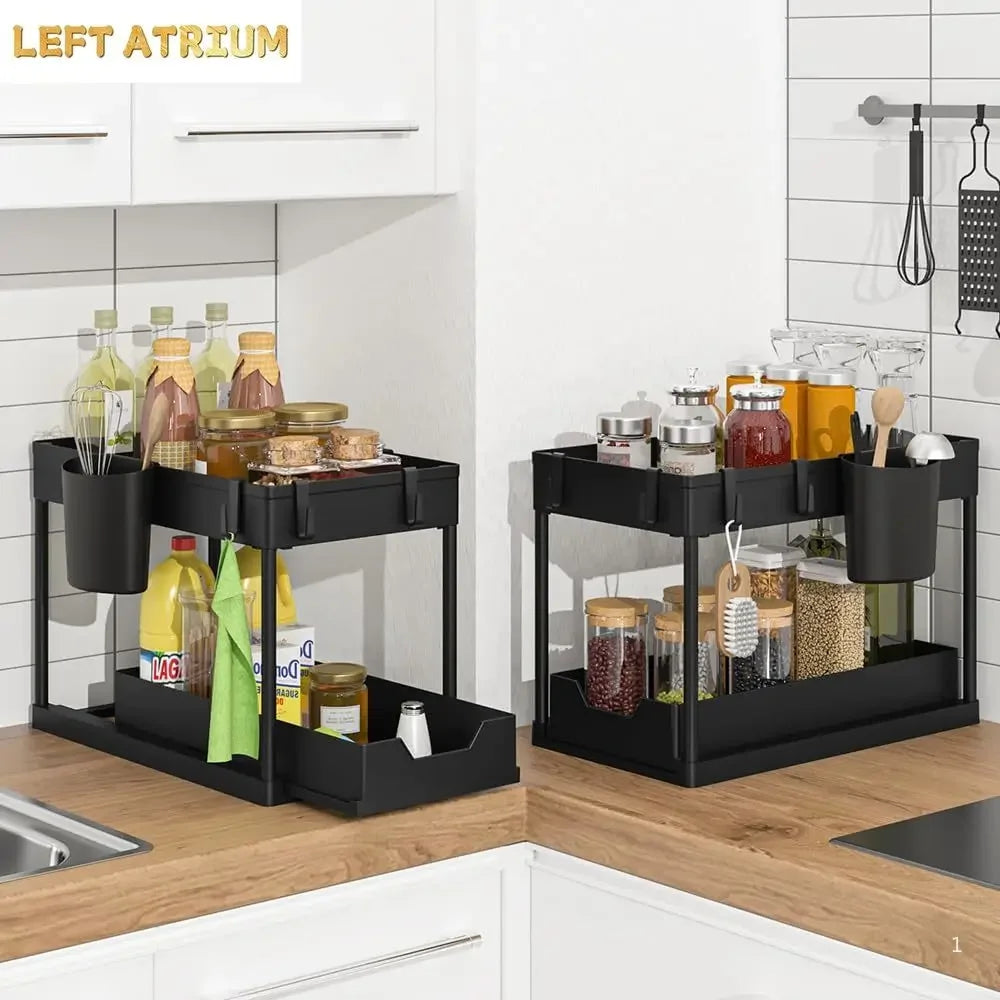 Under Sink Organizer, Sliding Cabinet Basket Organizer 2 Tier Under Bathroom Storage Rack with Hooks, Hanging Cup, Dividers, Mul