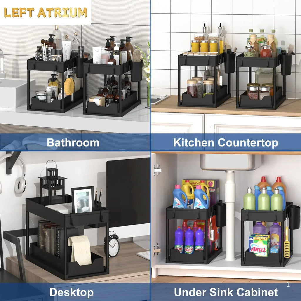 Under Sink Organizer, Sliding Cabinet Basket Organizer 2 Tier Under Bathroom Storage Rack with Hooks, Hanging Cup, Dividers, Mul