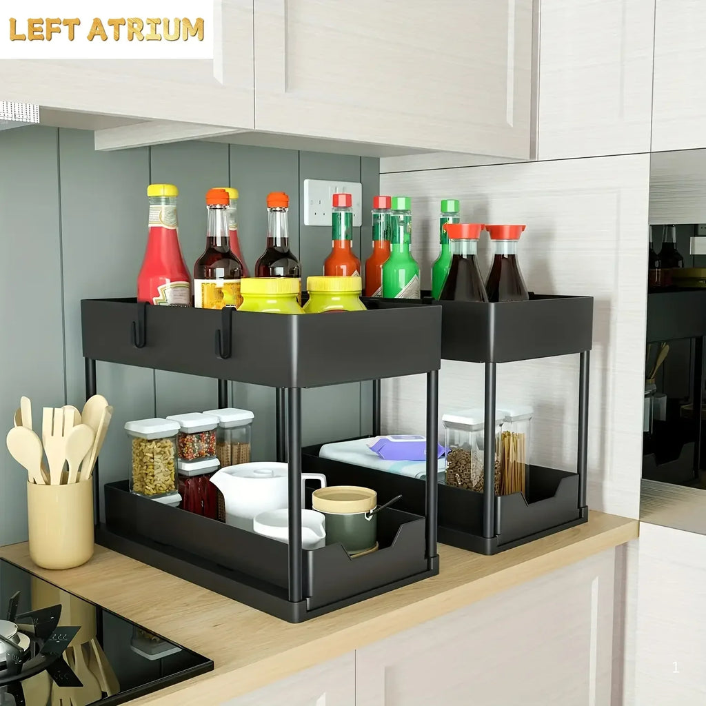 Under Sink Organizer, Sliding Cabinet Basket Organizer 2 Tier Under Bathroom Storage Rack with Hooks, Hanging Cup, Dividers, Mul