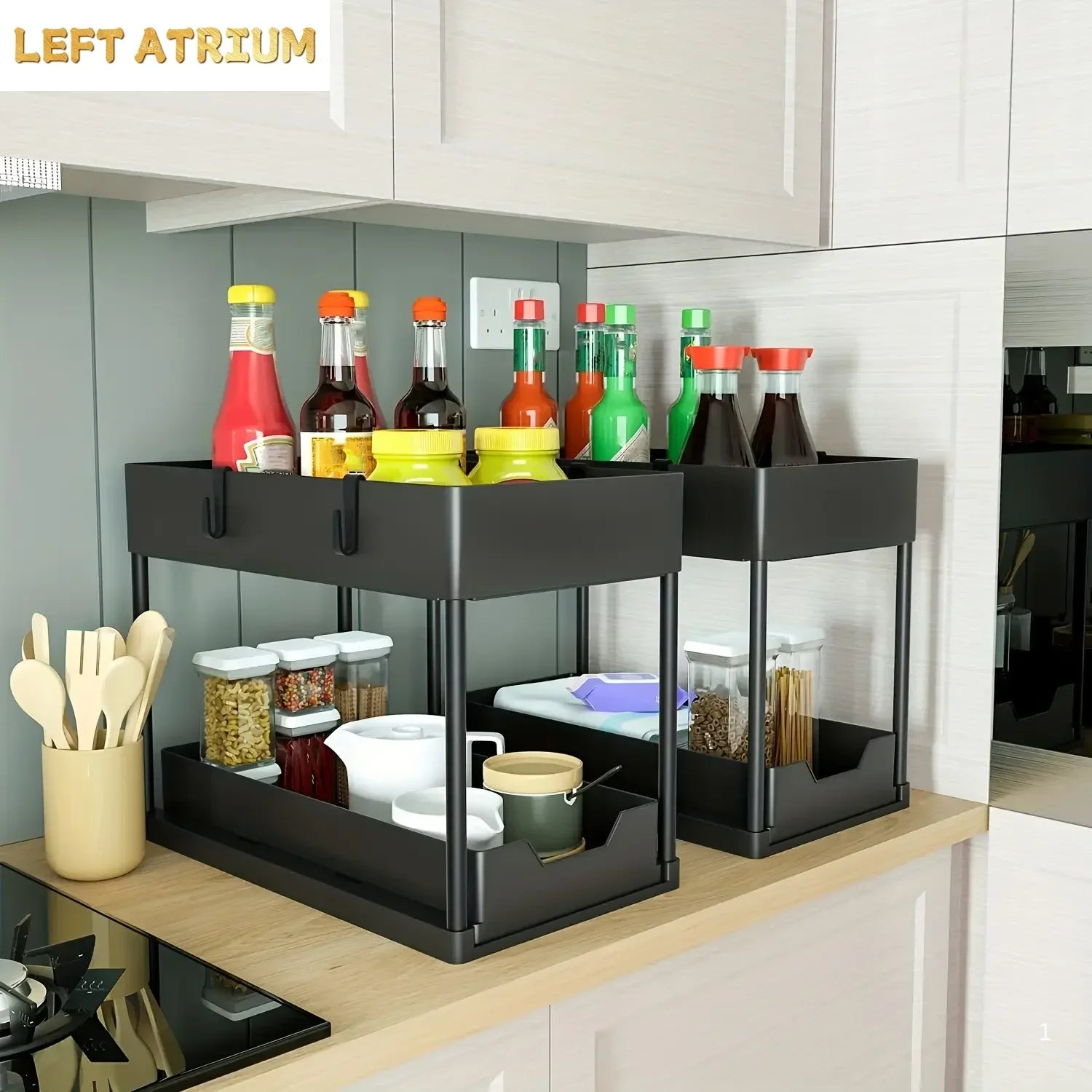 Under Sink Organizer, Sliding Cabinet Basket Organizer 2 Tier Under Bathroom Storage Rack with Hooks, Hanging Cup, Dividers, Mul