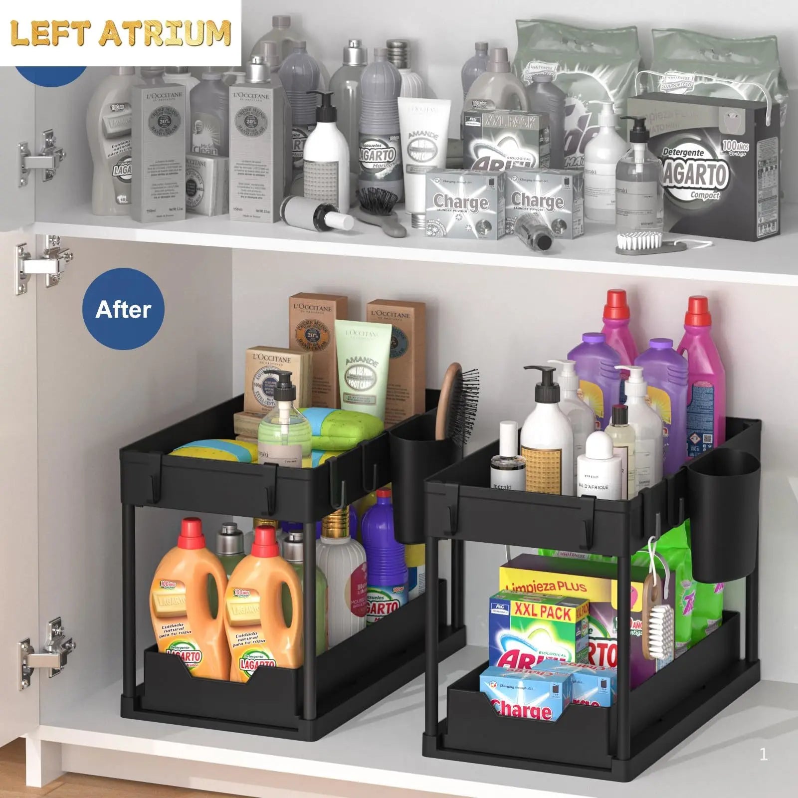Under Sink Organizer, Sliding Cabinet Basket Organizer 2 Tier Under Bathroom Storage Rack with Hooks, Hanging Cup, Dividers, Mul