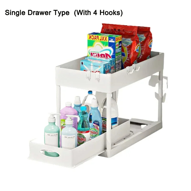 Under Sink Organizer, Sliding Cabinet Basket Organizer 2 Tier Under Bathroom Storage Rack with Hooks, Hanging Cup, Dividers, Mul