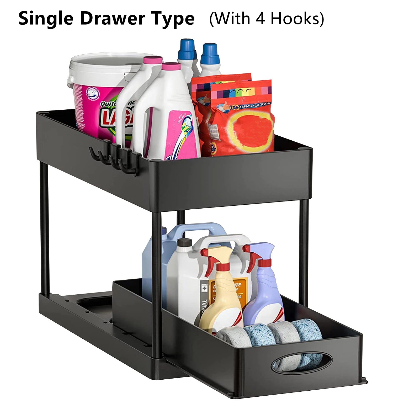 Under Sink Organizer Rack 2 Tier Under Sliding Cabinet Basket Organizer Drawer with 4 Hooks, Multi-purpose Under Sink Storage
