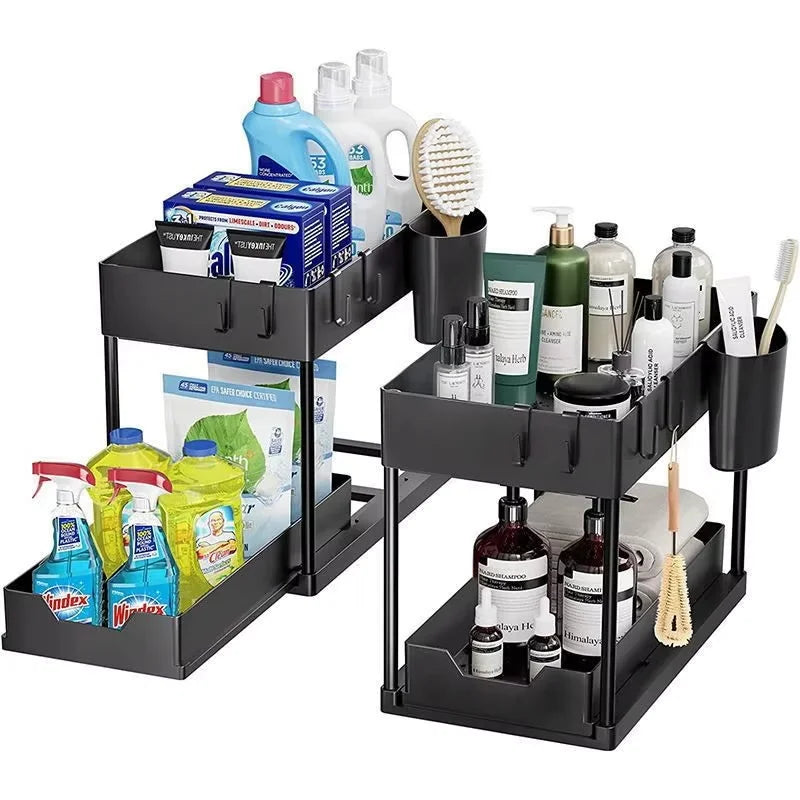 Under Sink Organizer Rack 2 Tier Under Sliding Cabinet Basket Organizer Drawer with 4 Hooks, Multi-purpose Under Sink Storage